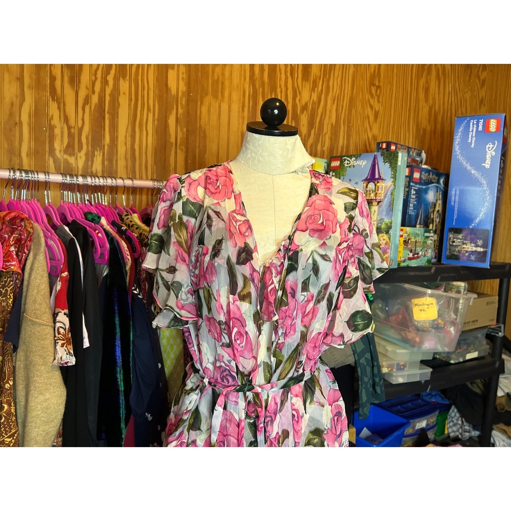 Lasoie SILK Pink Floral Rose Flutter Sleeve Nightgown 2 Piece Lingerie VTG L - Picture 3 of 12